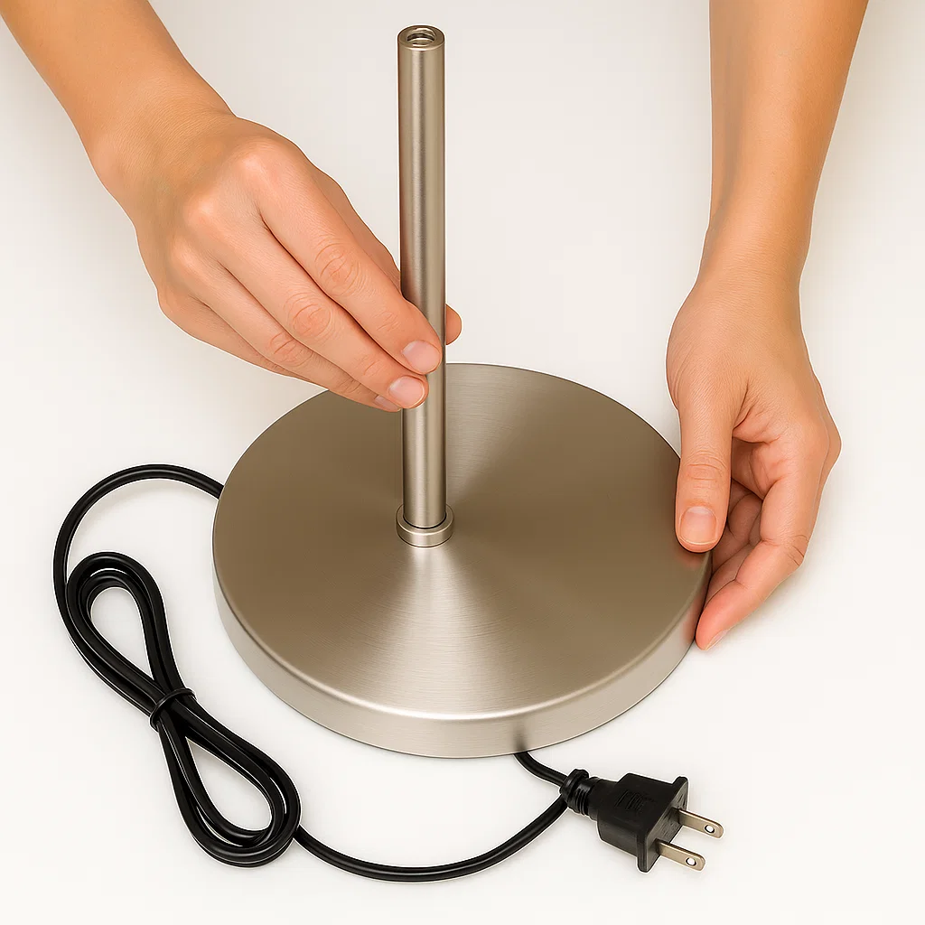 Hands attaching metal pole to lamp base with power cord