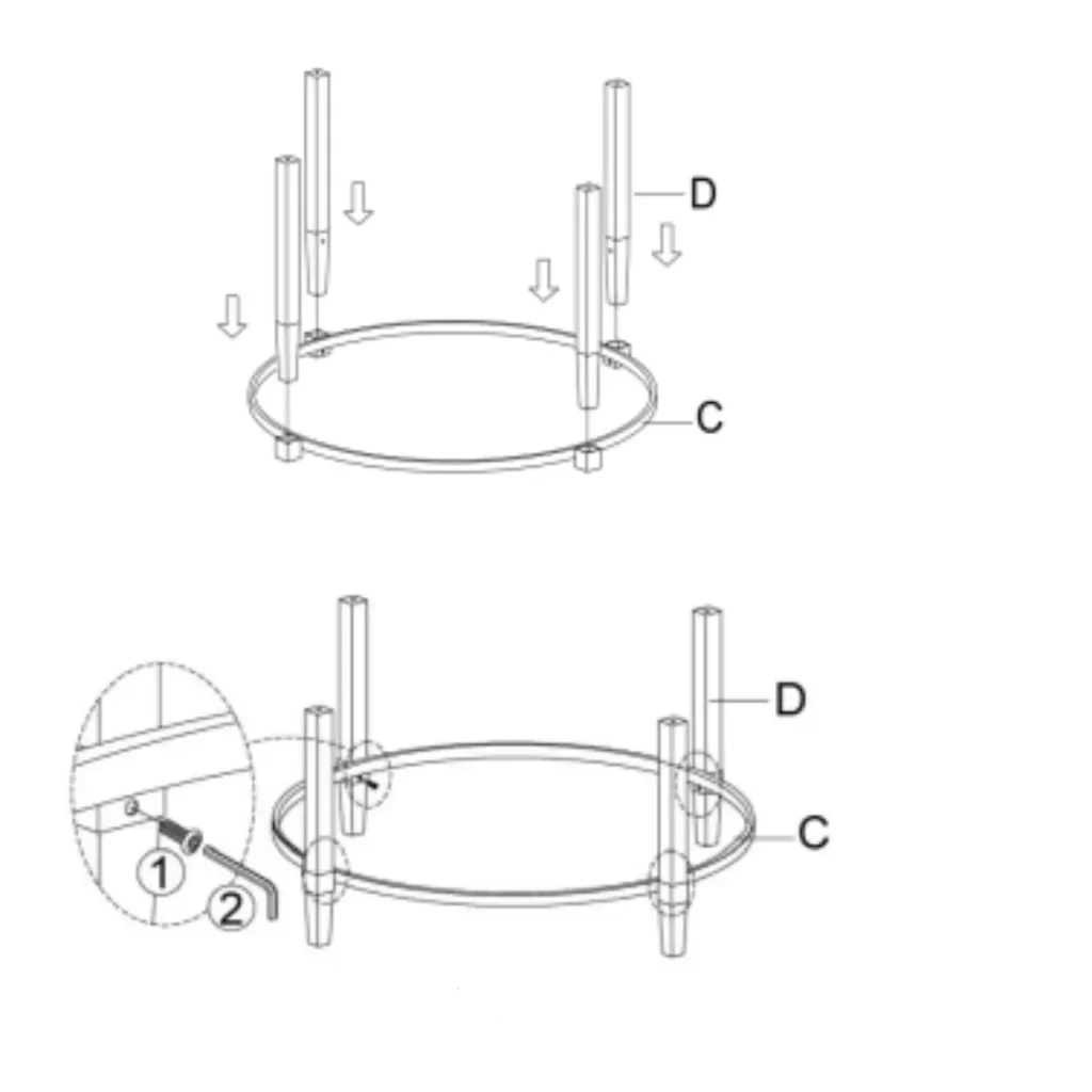 Attaching four legs to round bottom frame with bolts
