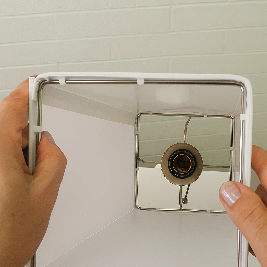 Person positioning lampshade over socket frame before assembly