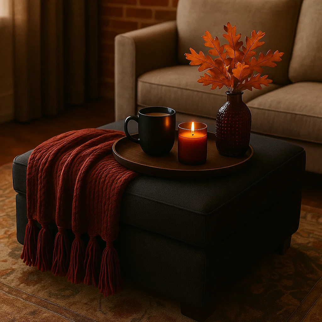 Dark ottoman decorated with candle, vase, and red throw for cozy autumn look