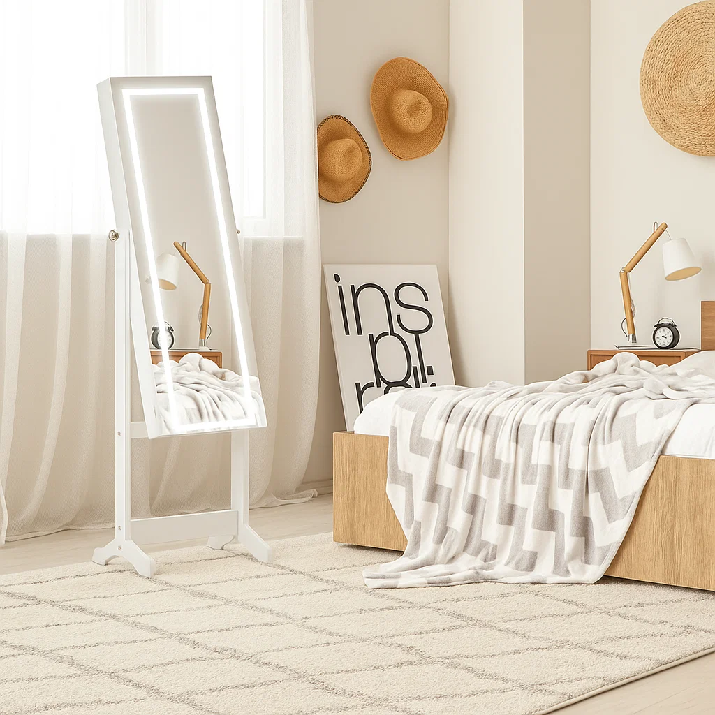 White framed LED standing mirror in bright bedroom corner.