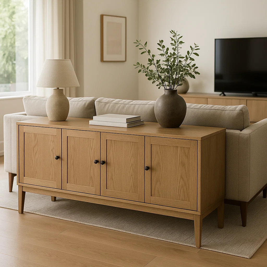 Wooden sideboard placed behind sofa with vases and books.