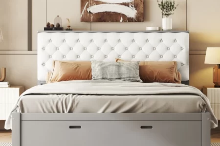 White tufted headboard bed with gray storage drawer