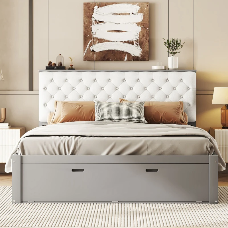 White tufted headboard bed with gray storage drawer