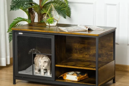 Cozy indoor cat house furniture with storage and lounging space.