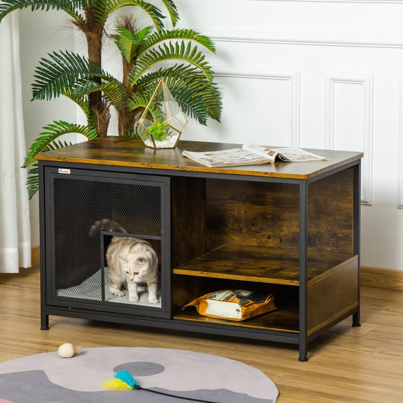 Cozy indoor cat house furniture with storage and lounging space.

