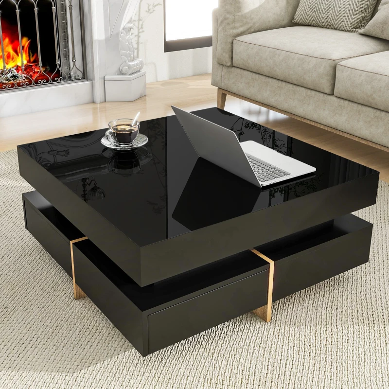 Glossy black square coffee table with laptop