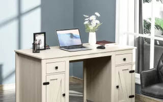Long double workstation desk with two computers and shelves