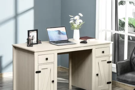 Long double workstation desk with two computers and shelves