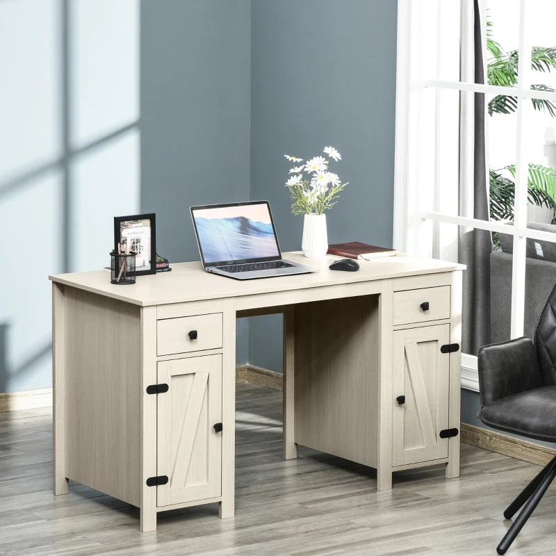 Long double workstation desk with two computers and shelves