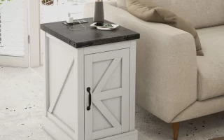 Light wood farmhouse end table beside beige sofa in bright room