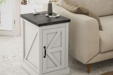 Light wood farmhouse end table beside beige sofa in bright room