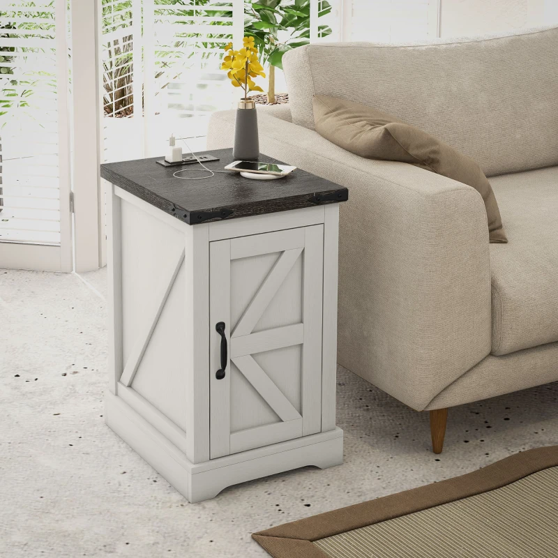 Light wood farmhouse end table beside beige sofa in bright room