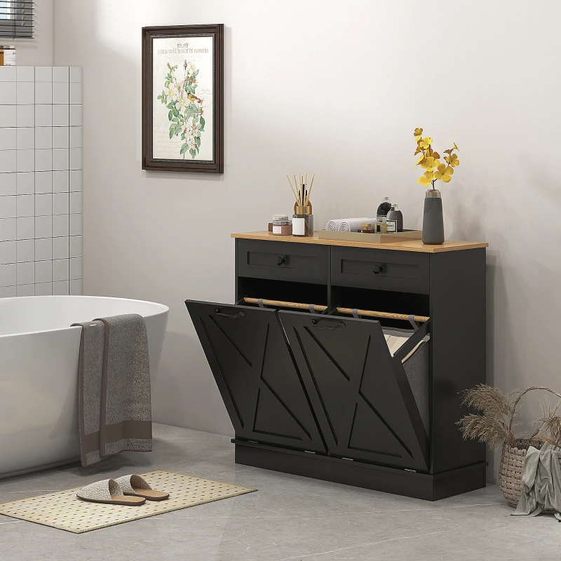 Modern black double laundry cabinet beside bathtub with decor accents.