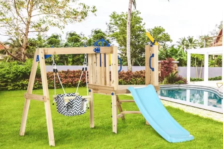 Kids enjoying wooden outdoor playset with swing, slide, and sandbox during Black Friday sale.