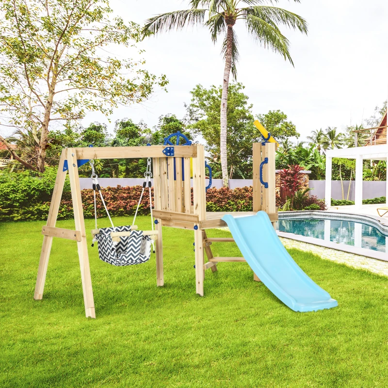Kids enjoying wooden outdoor playset with swing, slide, and sandbox during Black Friday sale.