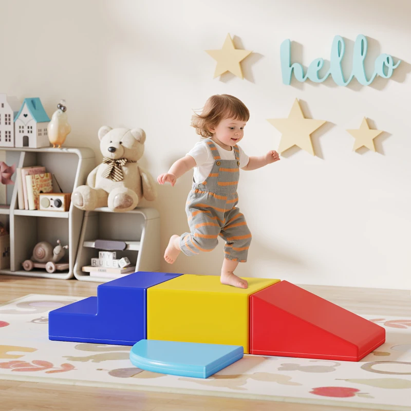 Toddler climbing colorful foam blocks in bright playroom