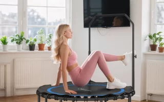 Woman exercising on indoor trampoline in bright room with plants.