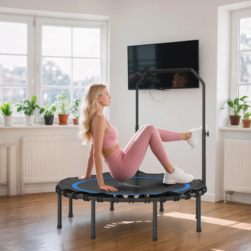 Woman exercising on indoor trampoline in bright room with plants.