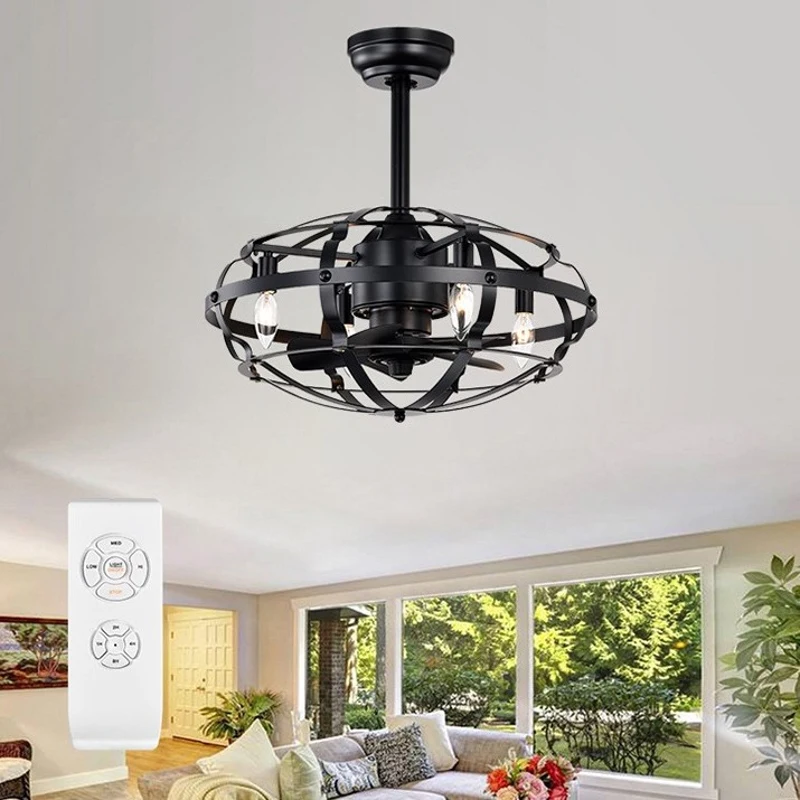 Compact bladeless ceiling fan with enclosed black cage design and LED bulbs above a sunny sitting room.
