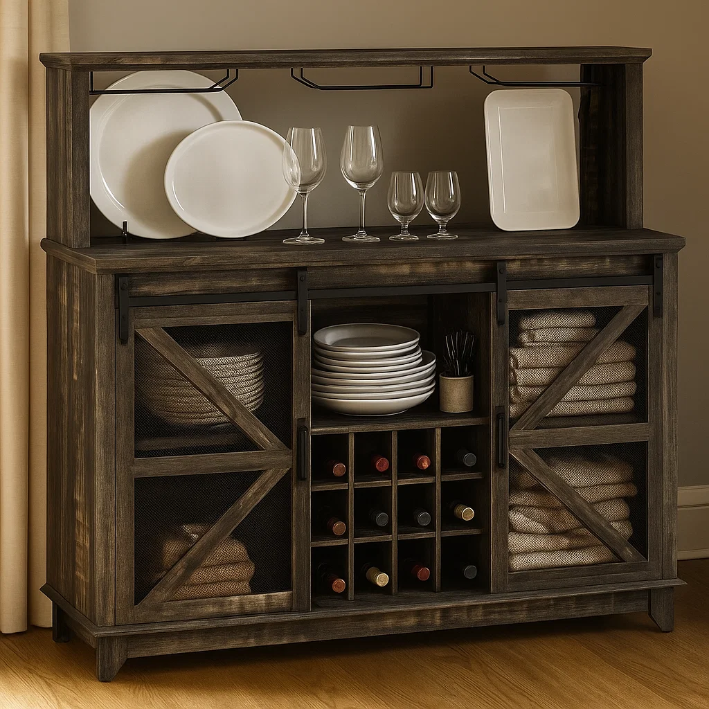 Rustic brown buffet with wine rack, glassware, and folded linens displayed.