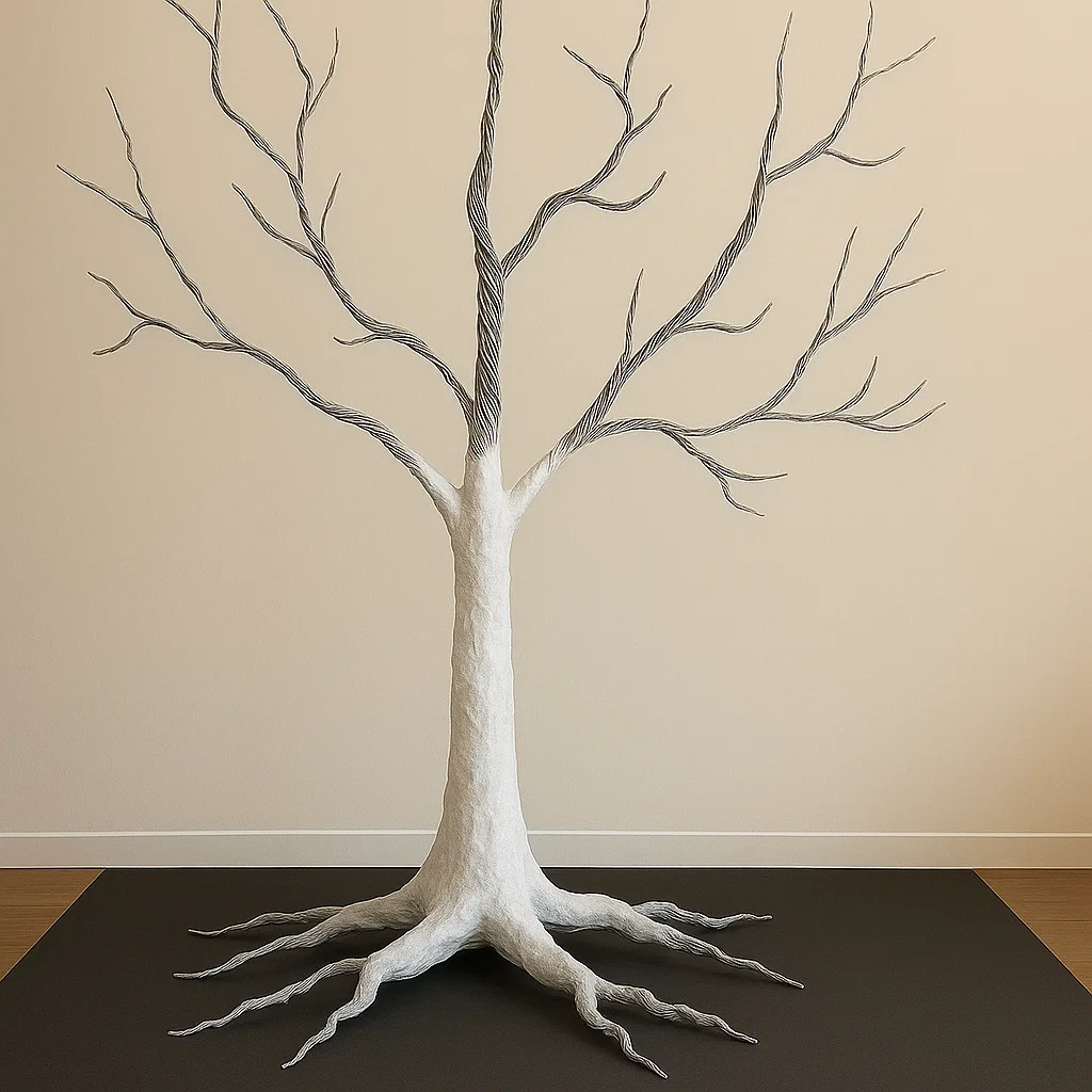 Homemade tree base shaped with foil and paper layers.