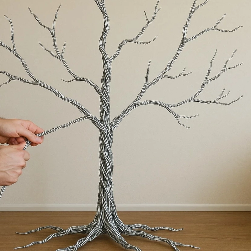 Hands twisting silver wires to form a sturdy tree structure.