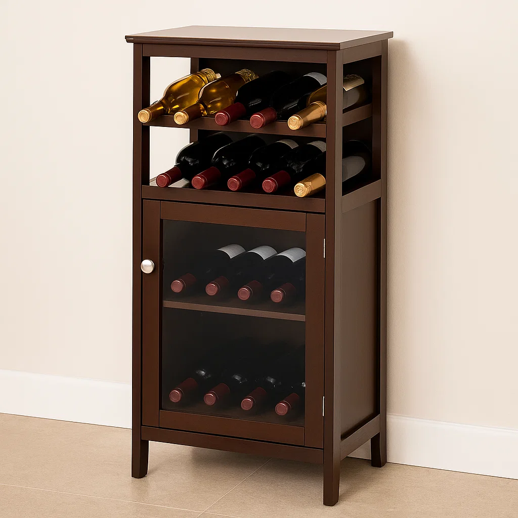 Wooden wine cabinet with bottles stored horizontally on shelves and behind glass door