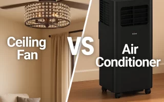Split image showing ceiling fan on left and portable air conditioner on right for cooling comparison.