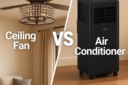 Split image showing ceiling fan on left and portable air conditioner on right for cooling comparison.