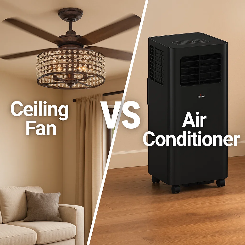 Split image showing ceiling fan on left and portable air conditioner on right for cooling comparison.