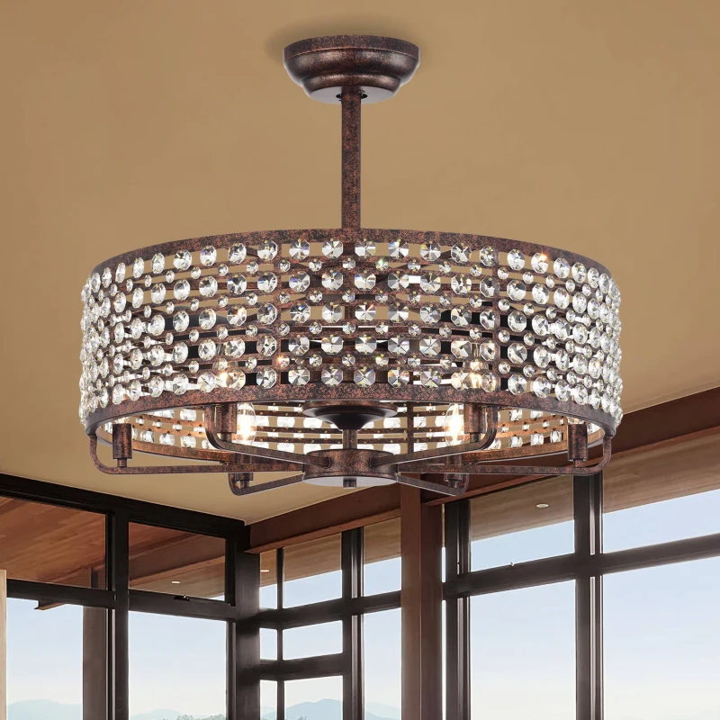 Crystal chandelier ceiling fan with sparkling accents and rustic brown frame enhancing a luxurious living room.
