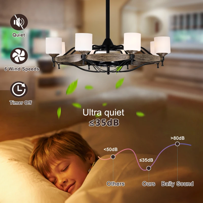 Child sleeping peacefully under ultra-quiet ceiling fan with warm lighting