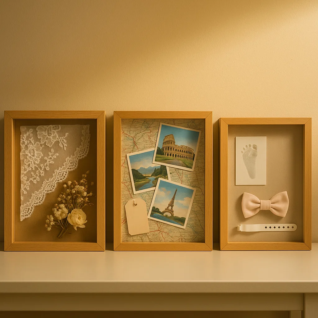 Three wooden shadow boxes with lace, photos, and keepsakes displayed
