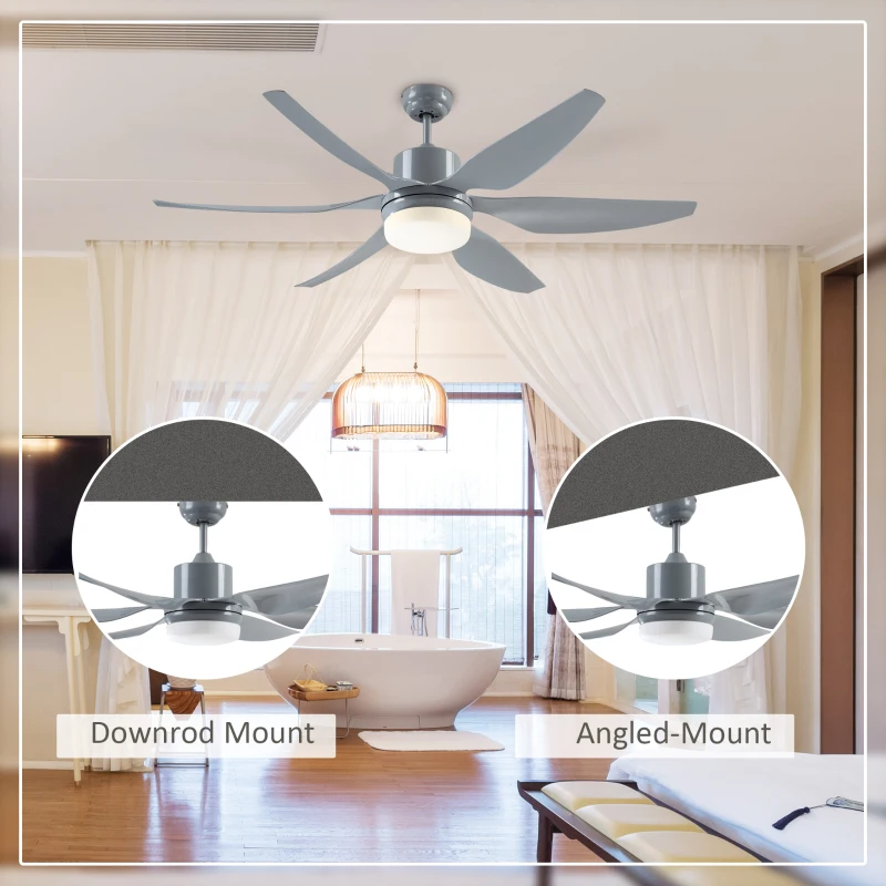 Ceiling fan shown with downrod and angled mounting options