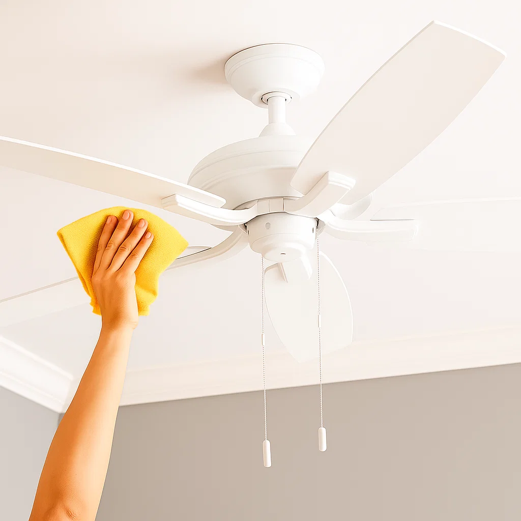 Hand wiping dust off ceiling fan blades with yellow cloth to improve balance and performance.
