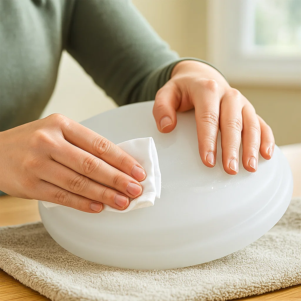 Person cleaning ceiling fan glass light cover with soft cloth