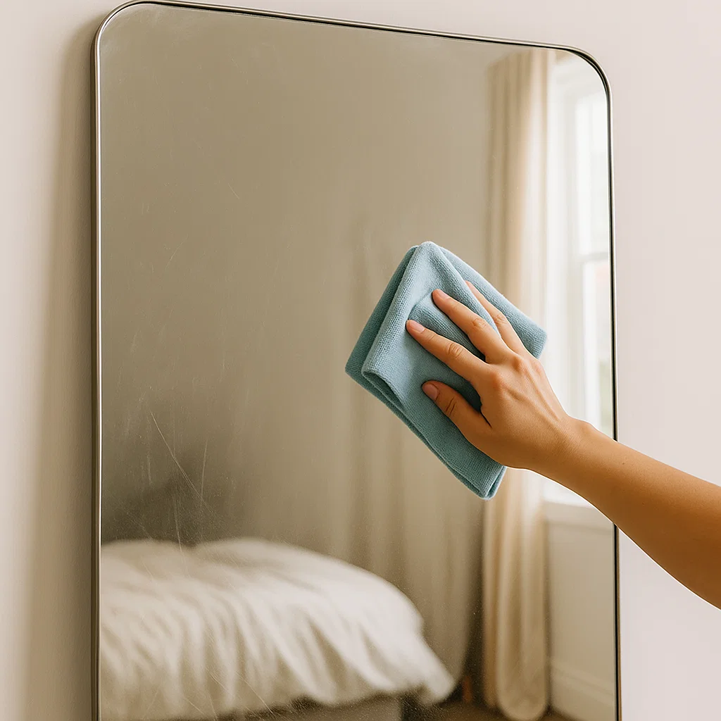 Person wiping a mirror with a soft blue microfiber cloth to remove dust before polishing.
