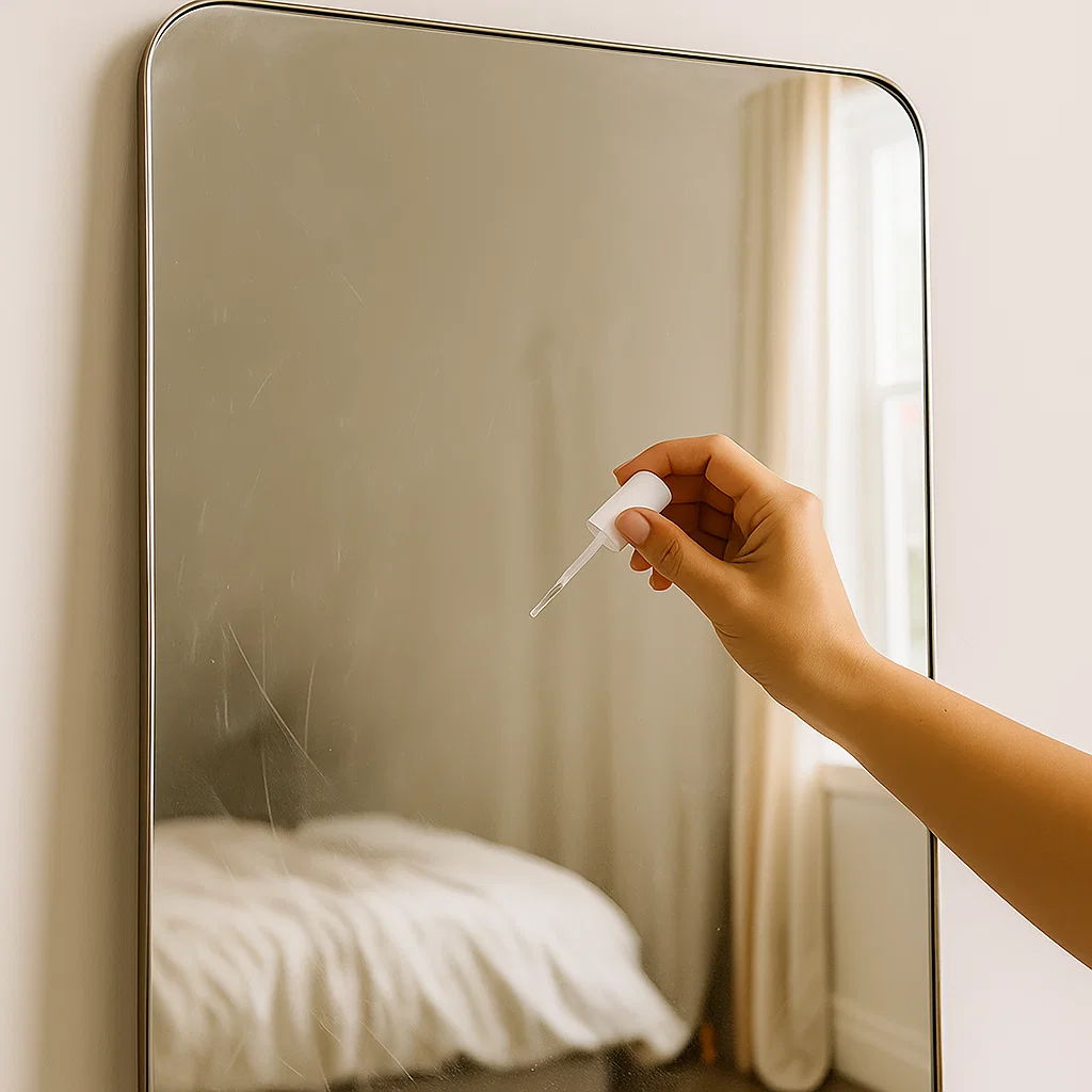 Applying clear nail polish carefully over light scratches on a mirror surface.