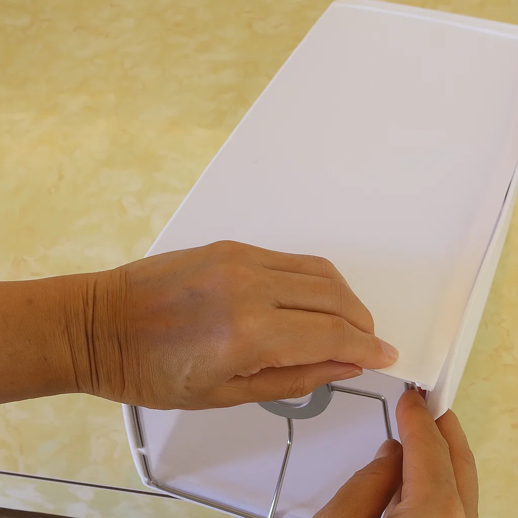 Hands securing white lampshade fabric tightly onto frame edge