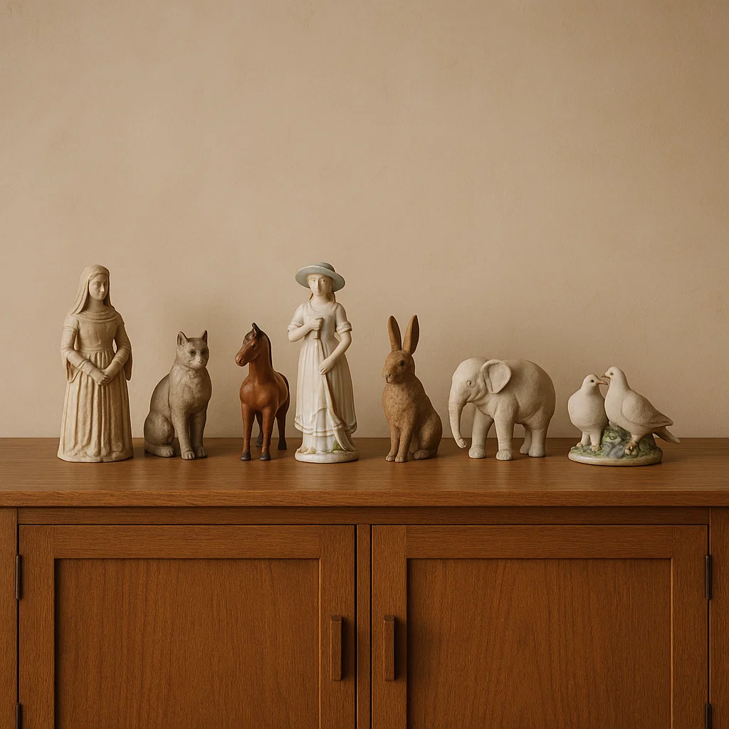 Wooden sideboard decorated with ceramic animal and human figurines.
