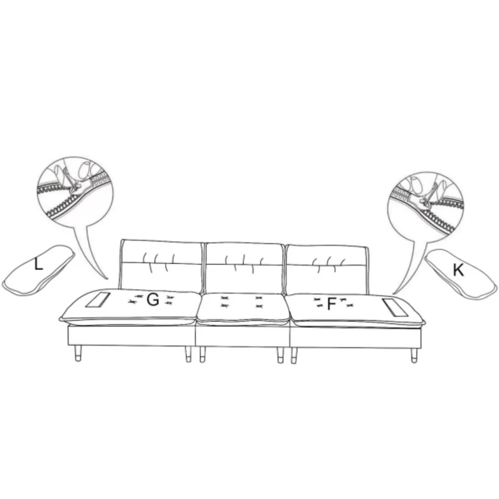 Zipping and attaching left and right armrest pillows to sofa sides