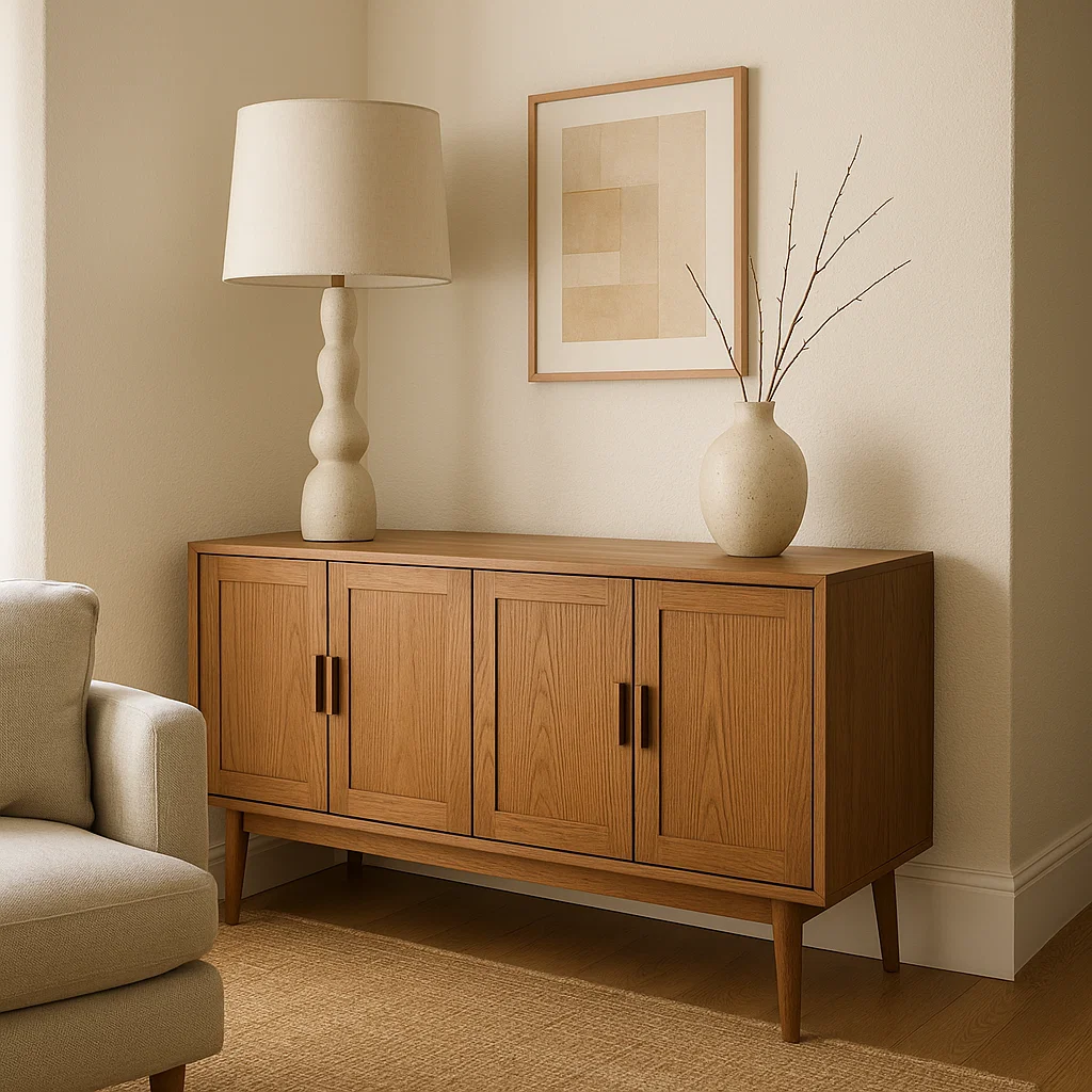 Compact sideboard with lamp and vase in room corner.