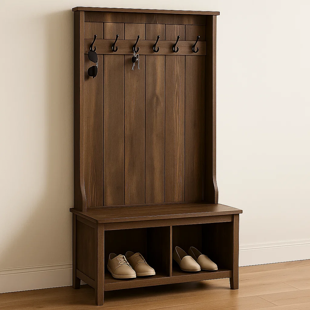 Wood hall tree with coat hooks and shoe compartments underneath.