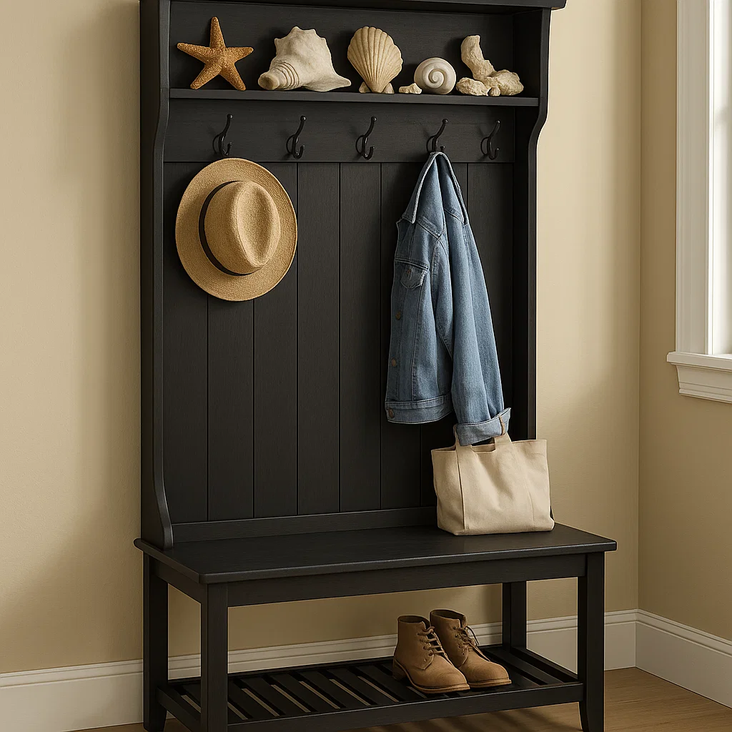 Black hall tree decorated with seashells, hat, denim jacket, and boots.