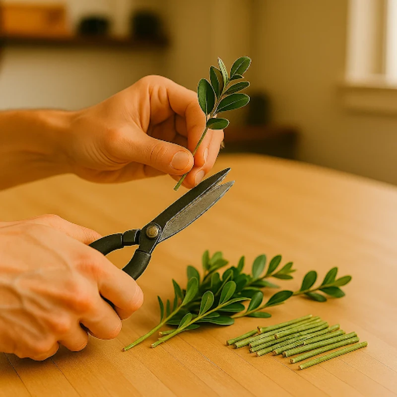 Cutting green boxwood stems into short pieces with garden scissors.