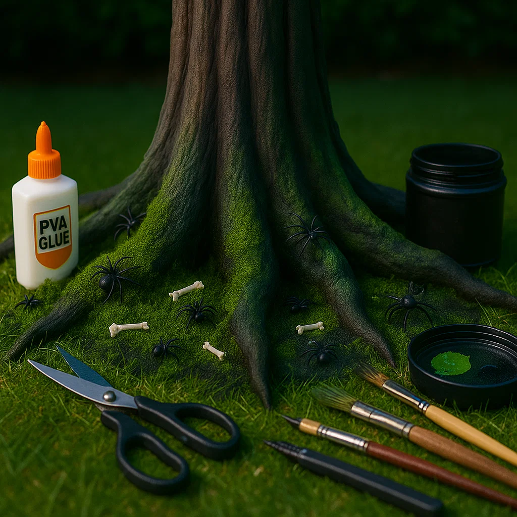 Tree base decorated with moss, fake spiders, and tiny bones.