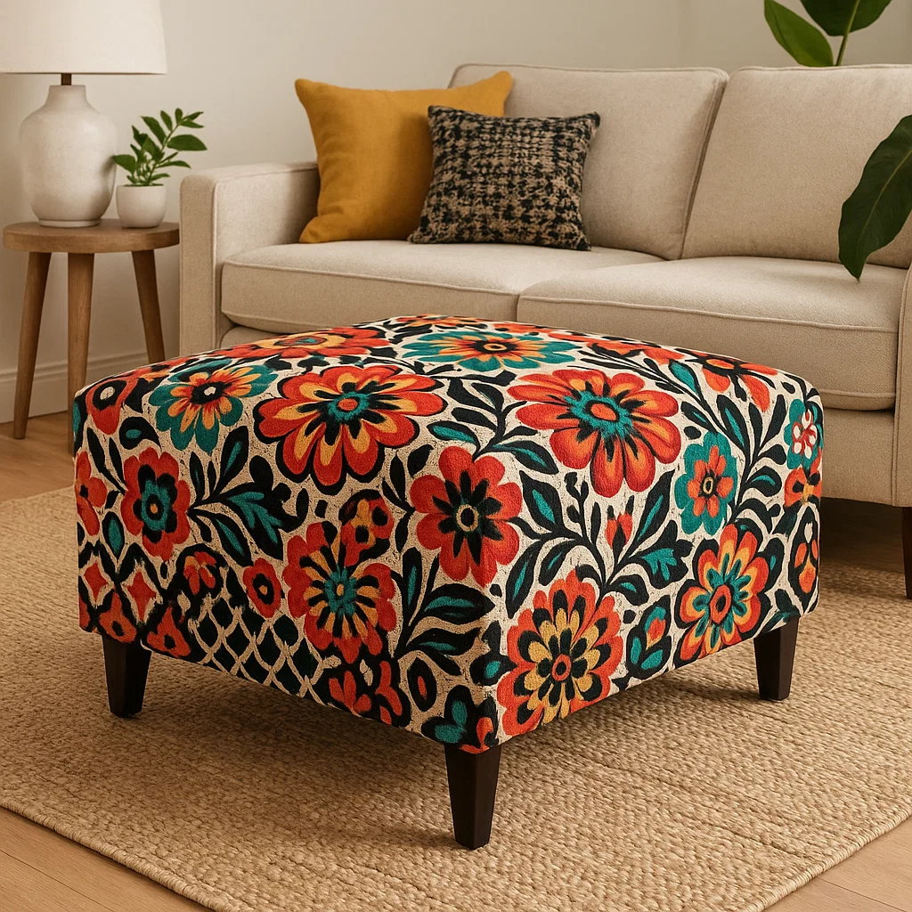 Colorful floral fabric ottoman brightening a neutral living room setting