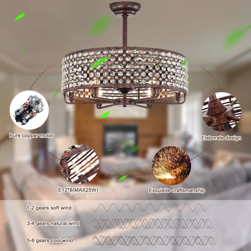 Crystal chandelier ceiling fan enhancing living room décor.