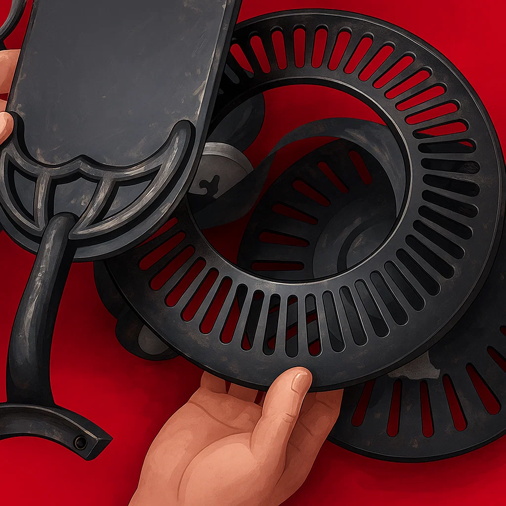 Hands holding detached ceiling fan blades and metal grill parts